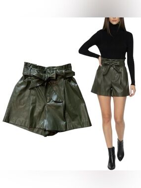 Zara Olive Green Tie Belt Paper Bag Style Stretchy Waist Faux Leather Shorts